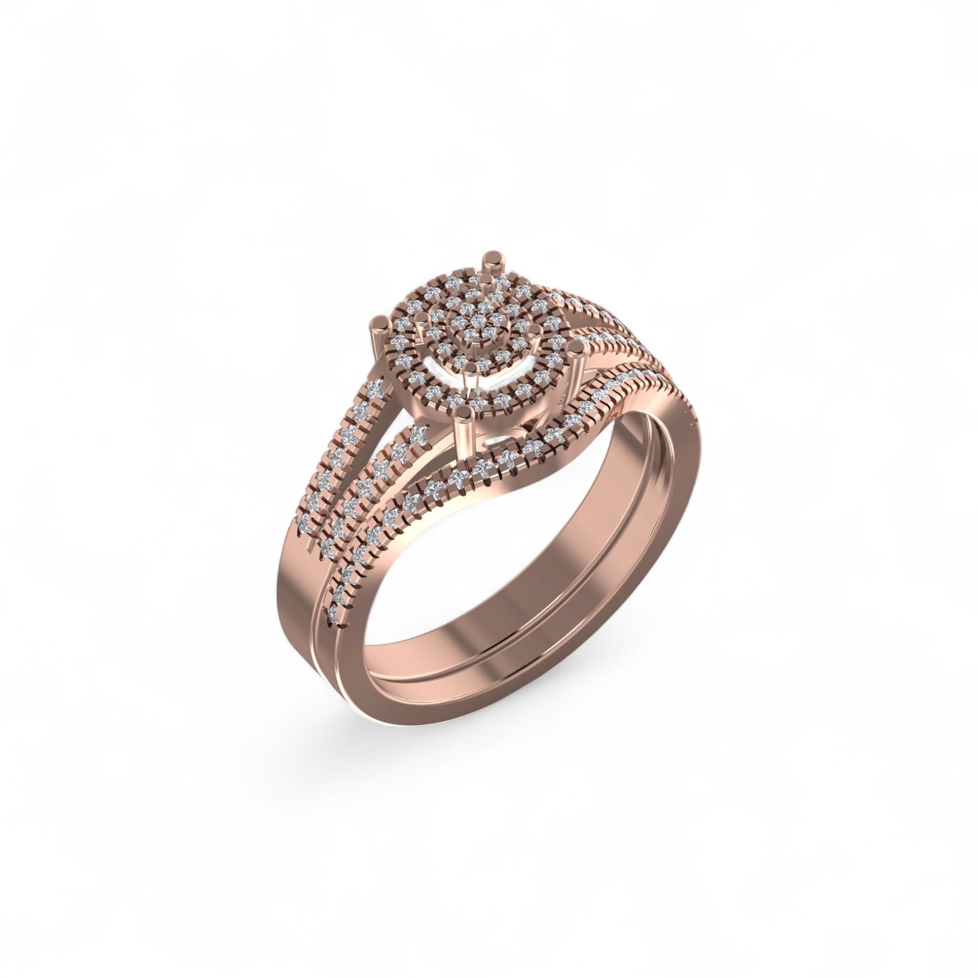 Rose gold ring with diamond accents on a white background