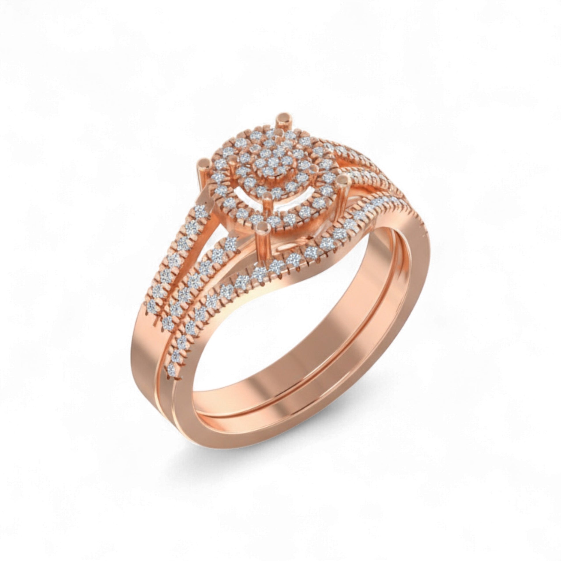 Rose gold ring with diamond accents on a white background