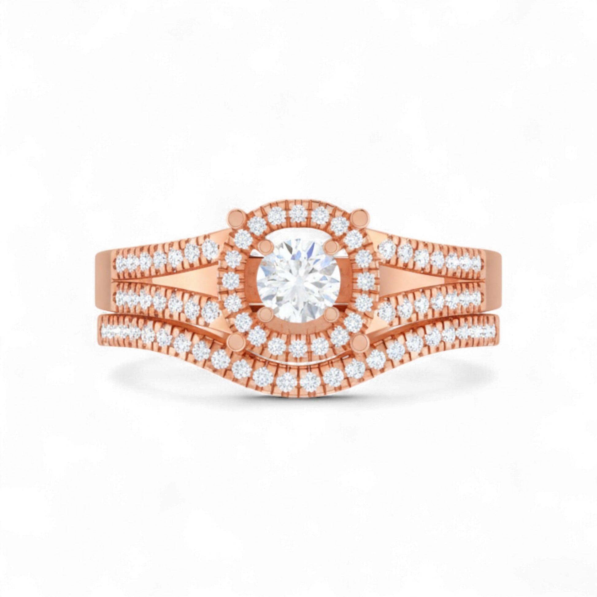 Rose gold ring with diamond accents on a white background