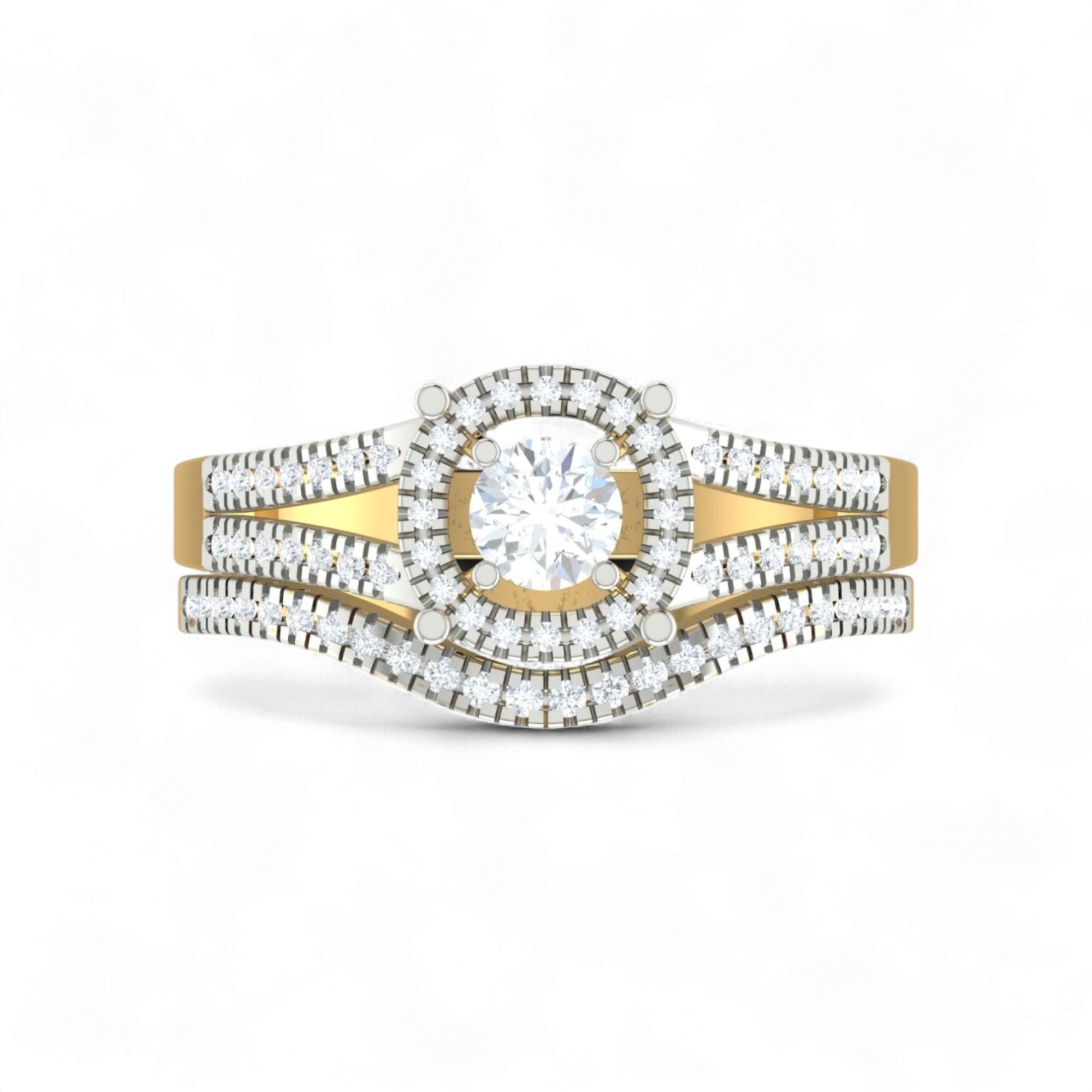 Gold and diamond ring on a white background