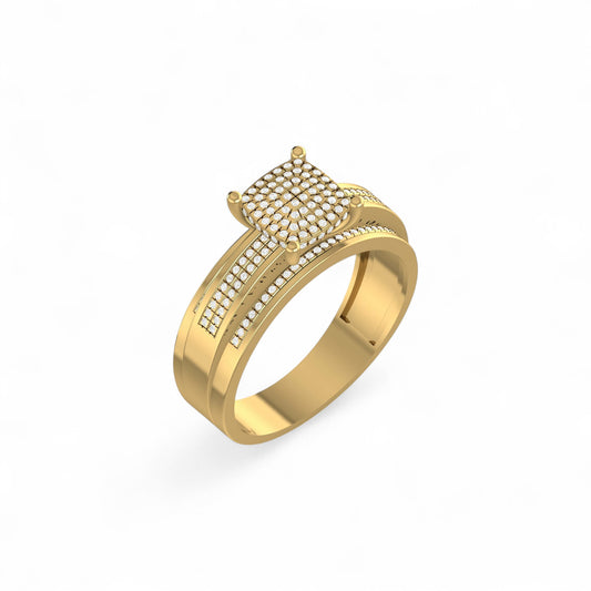 Gold ring with diamond accents on a white background