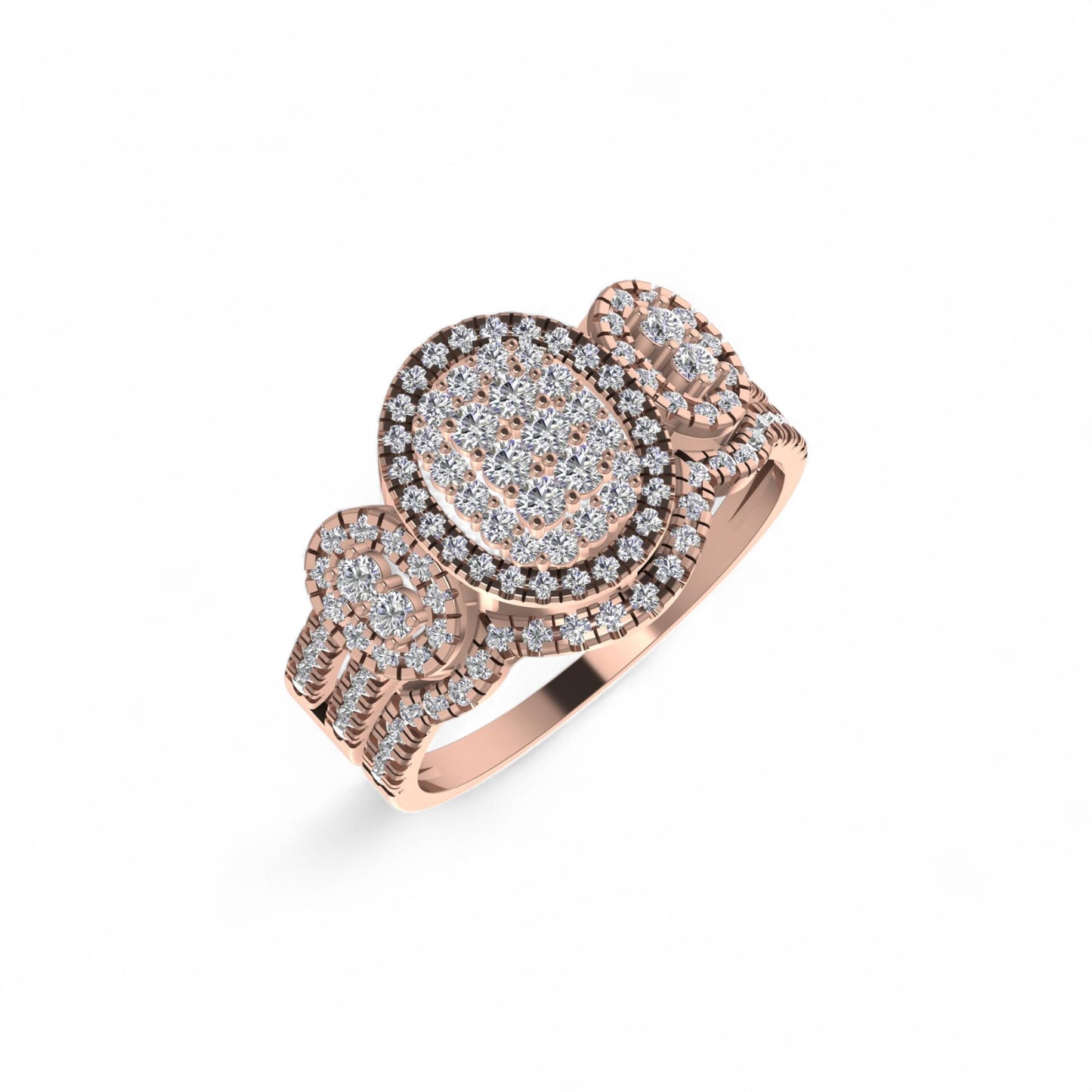 Rose gold ring with diamond accents on a white background