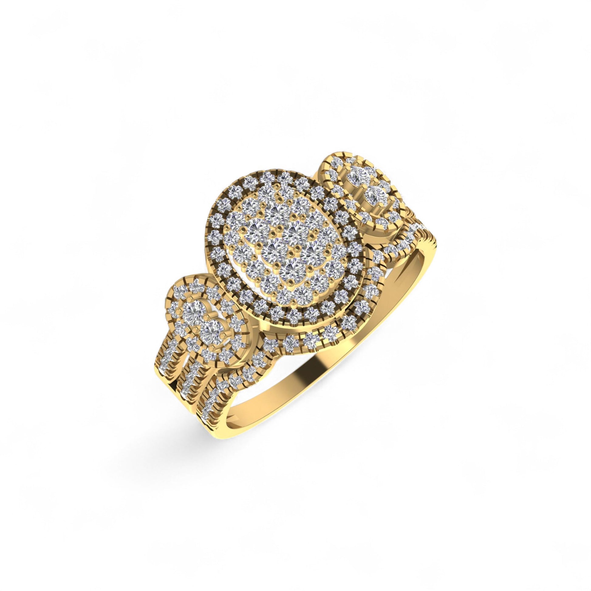 Gold ring with diamond accents on a white background