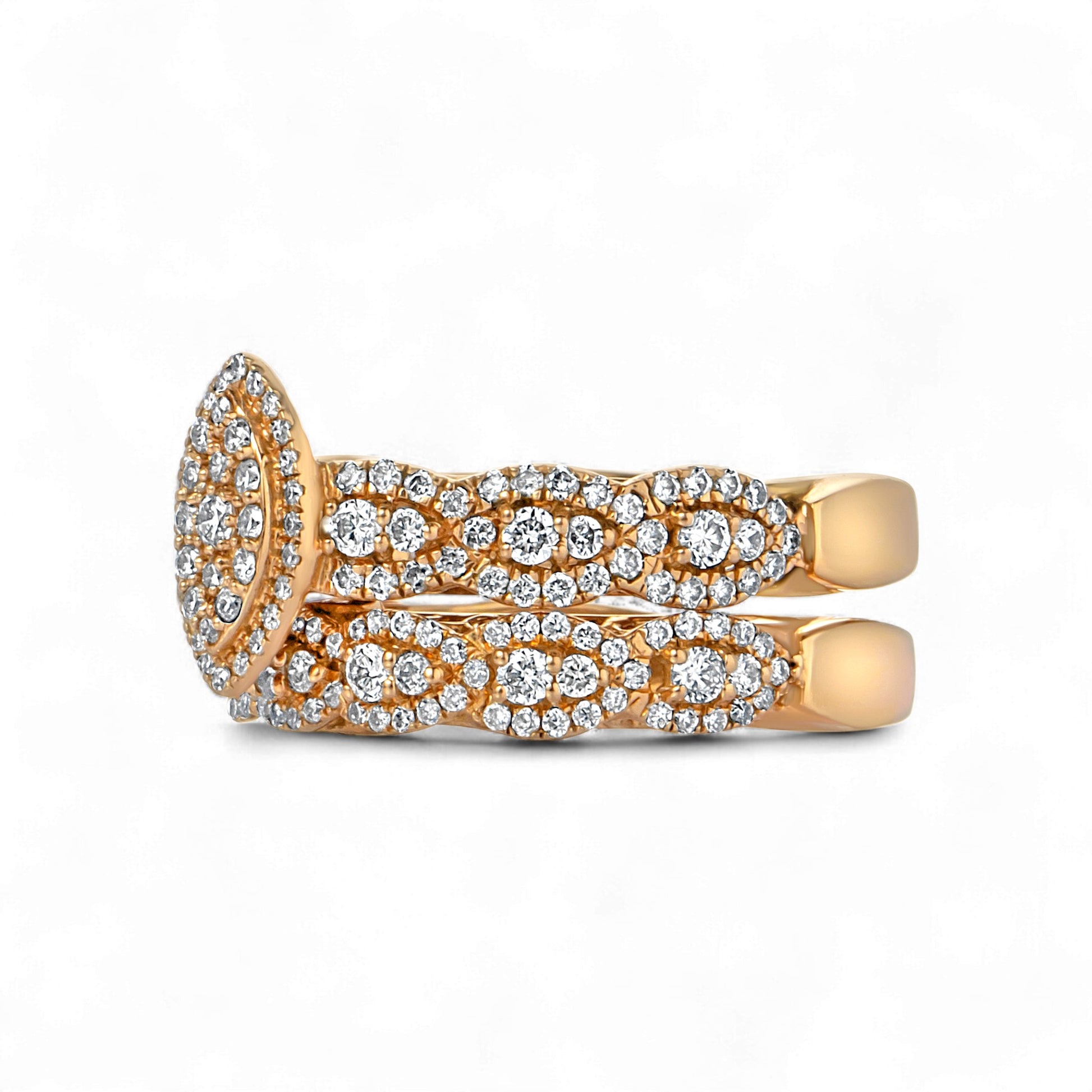 Gold ring with diamond accents on a white background