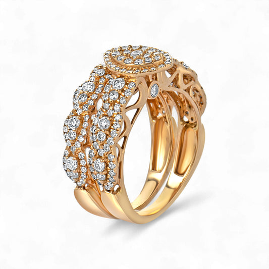 Gold ring with diamond accents on a white background