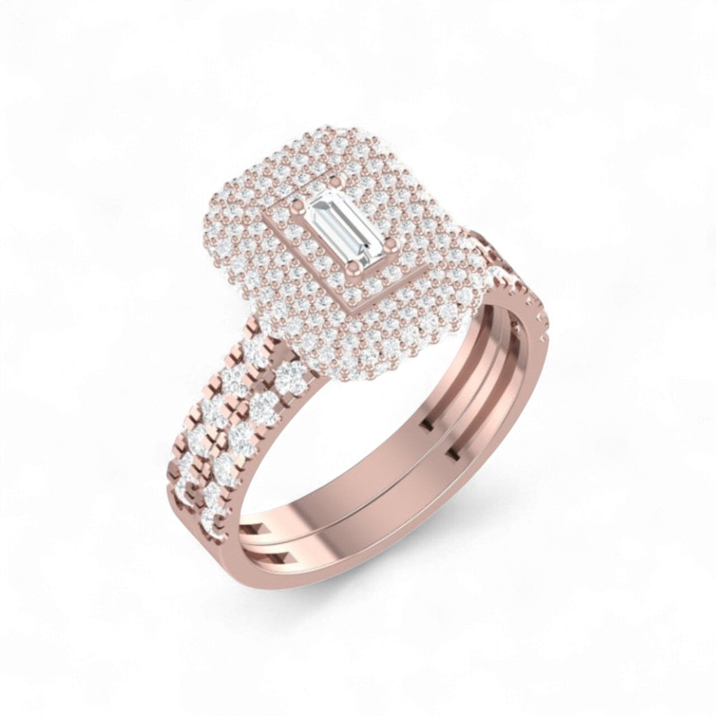 Rose gold ring with diamond accents on a white background