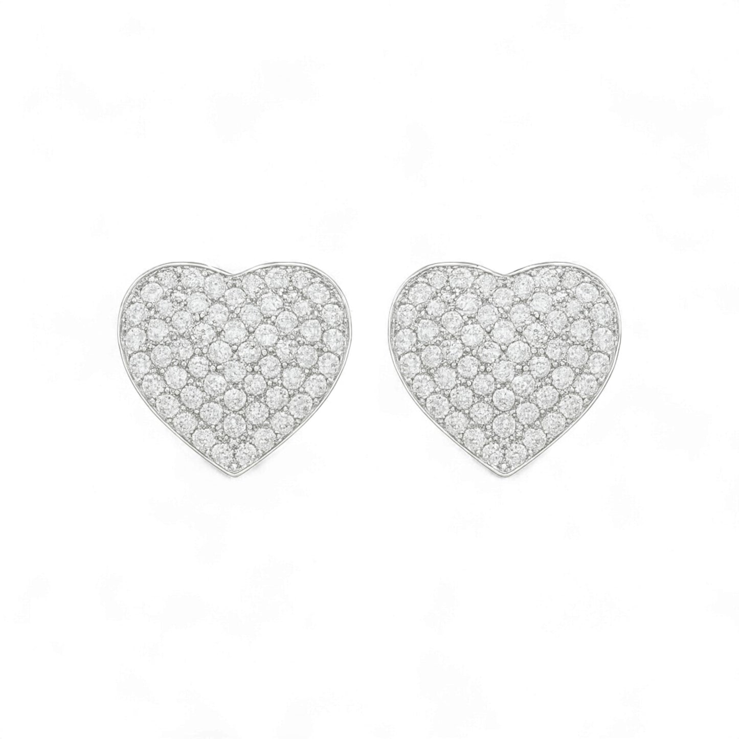 Heart-shaped earrings with clear gemstones on a white background