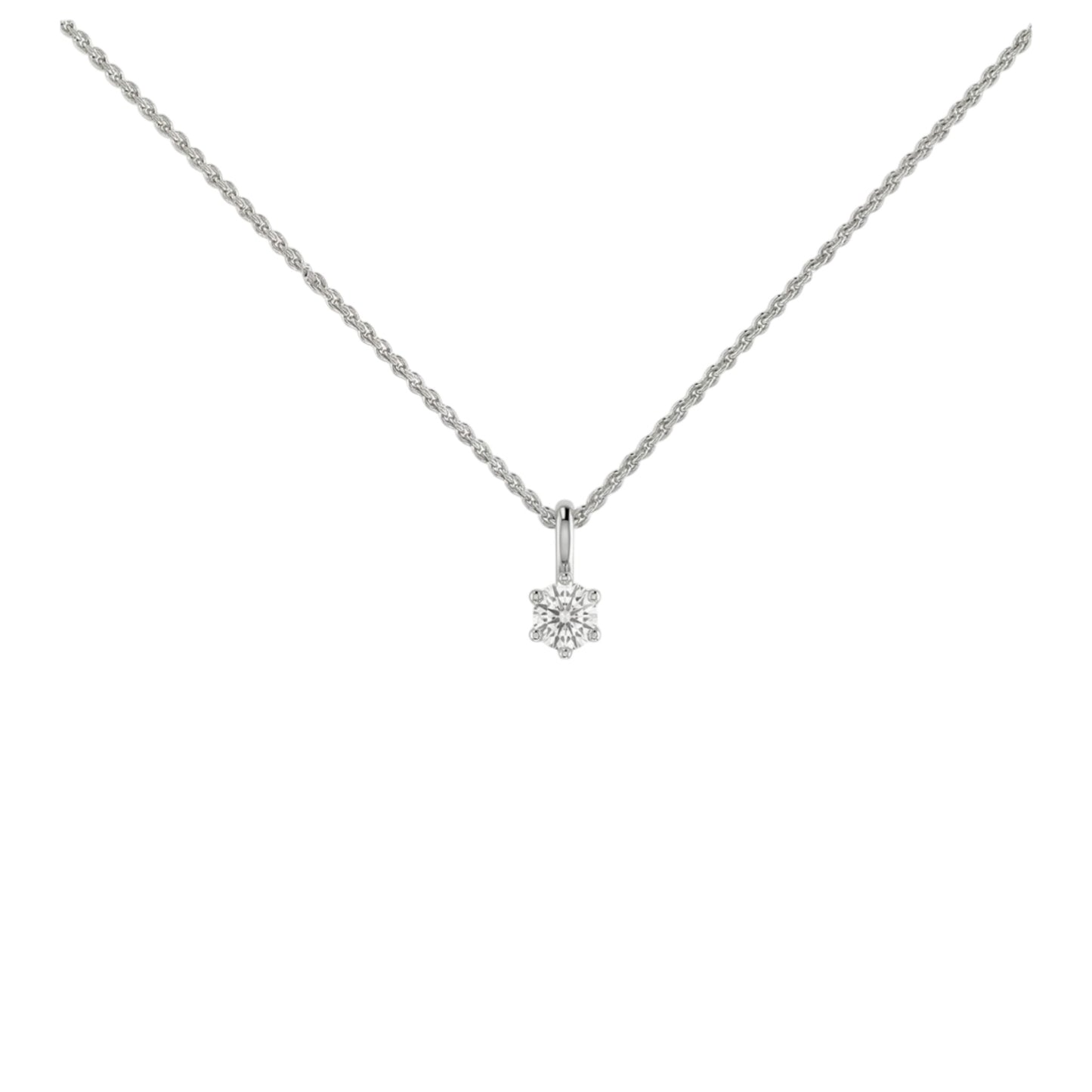 Silver necklace with a small diamond pendant on a white background