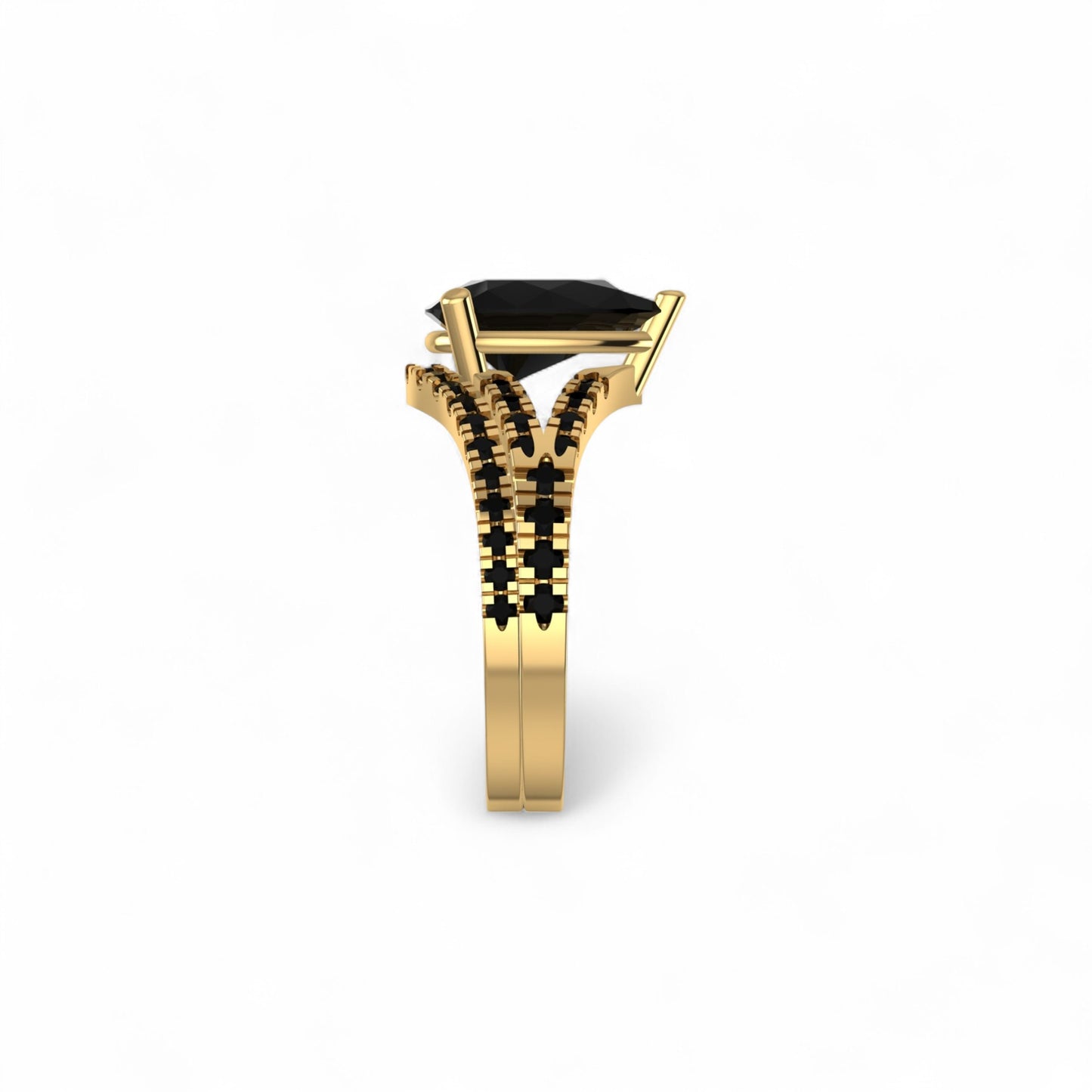 Gold ring with a black gemstone on a white background