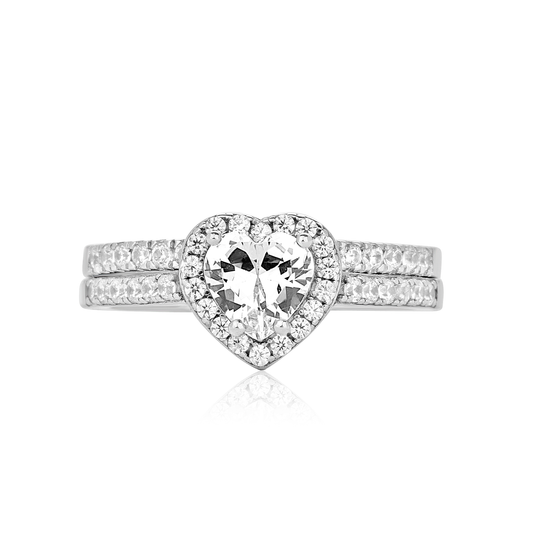 Classic Halo Heart Cut CZ Bride Set in 925 Sterling Silver