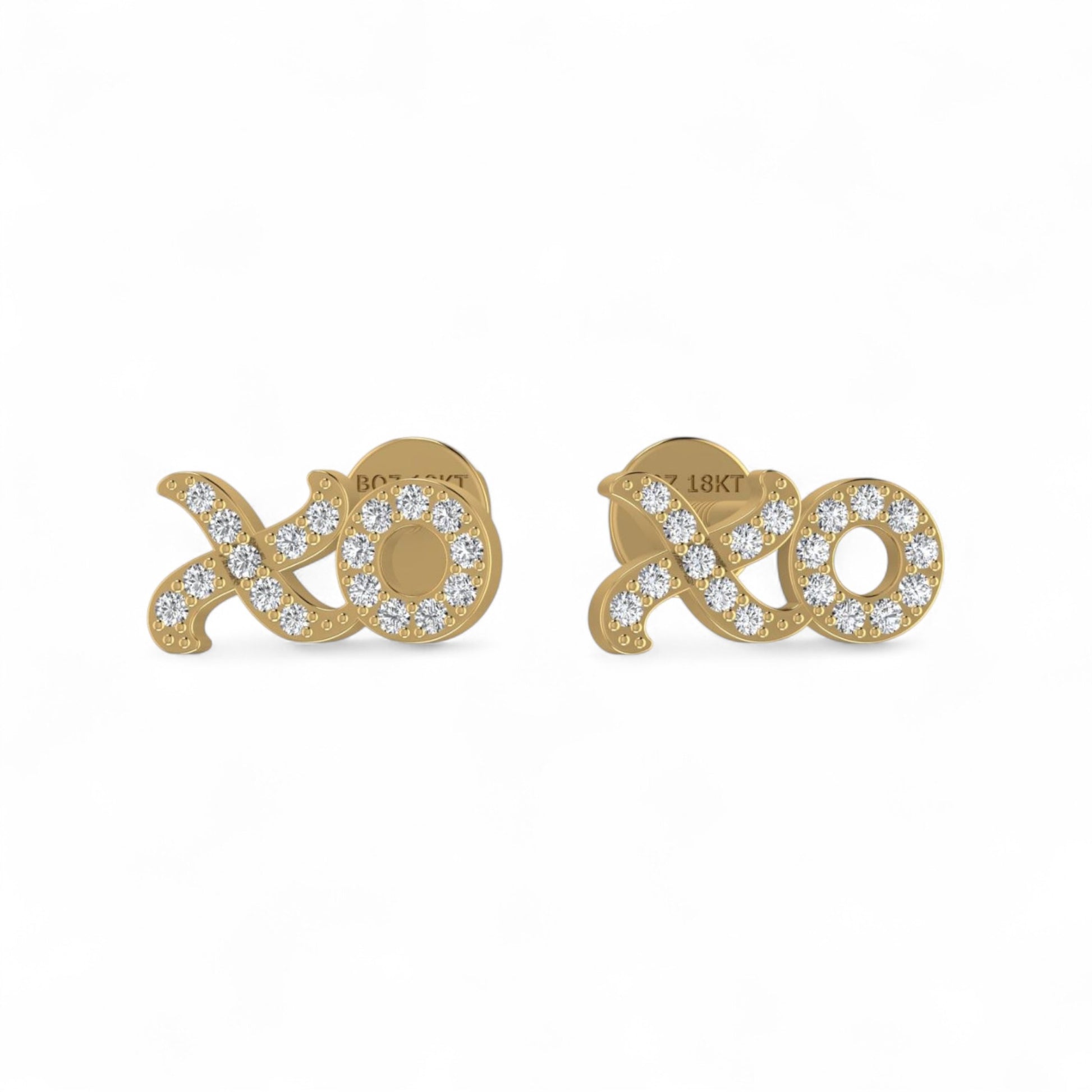 Gold earrings with 'xoxo' design on a white background
