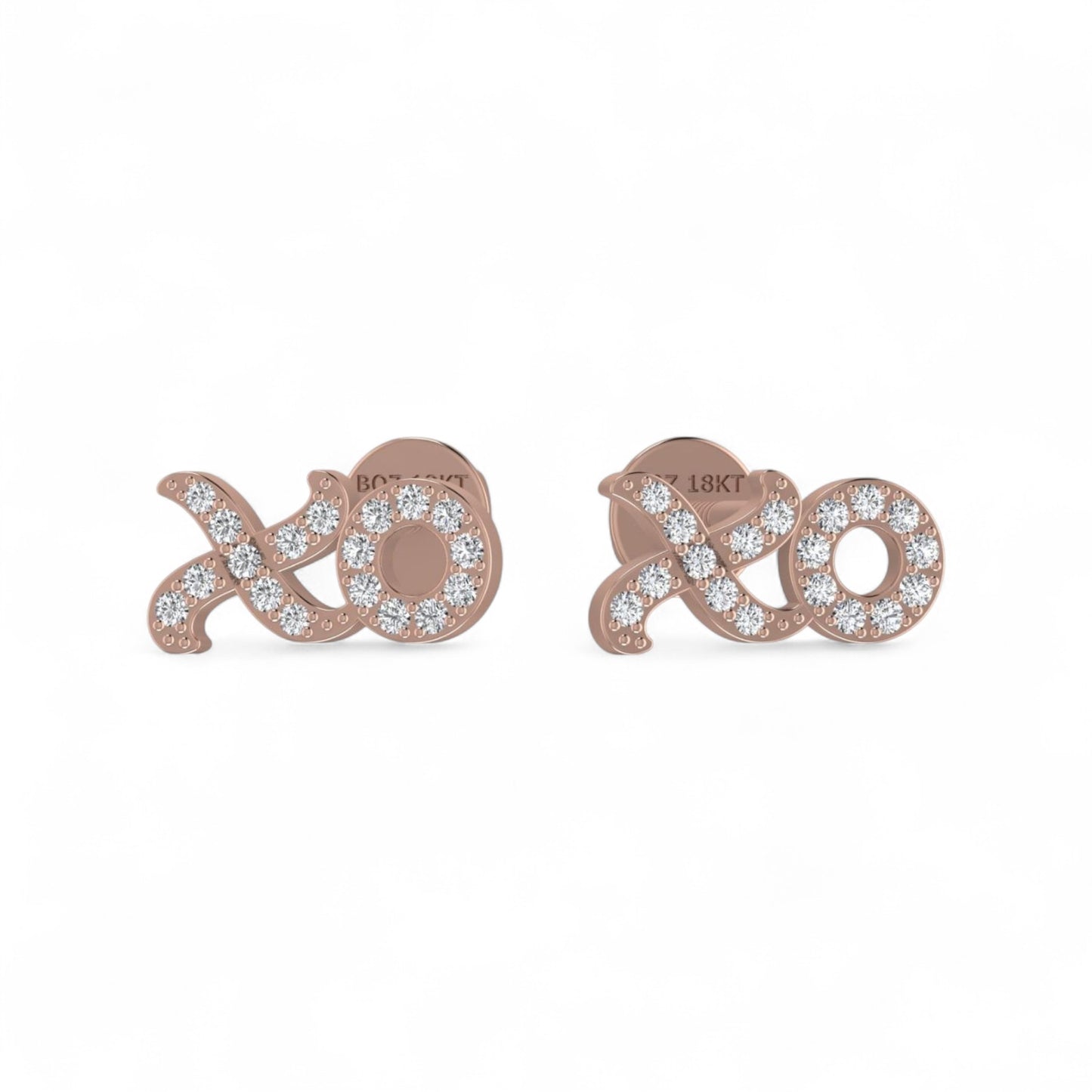 Rose gold earrings with 'xoxo' design on a white background