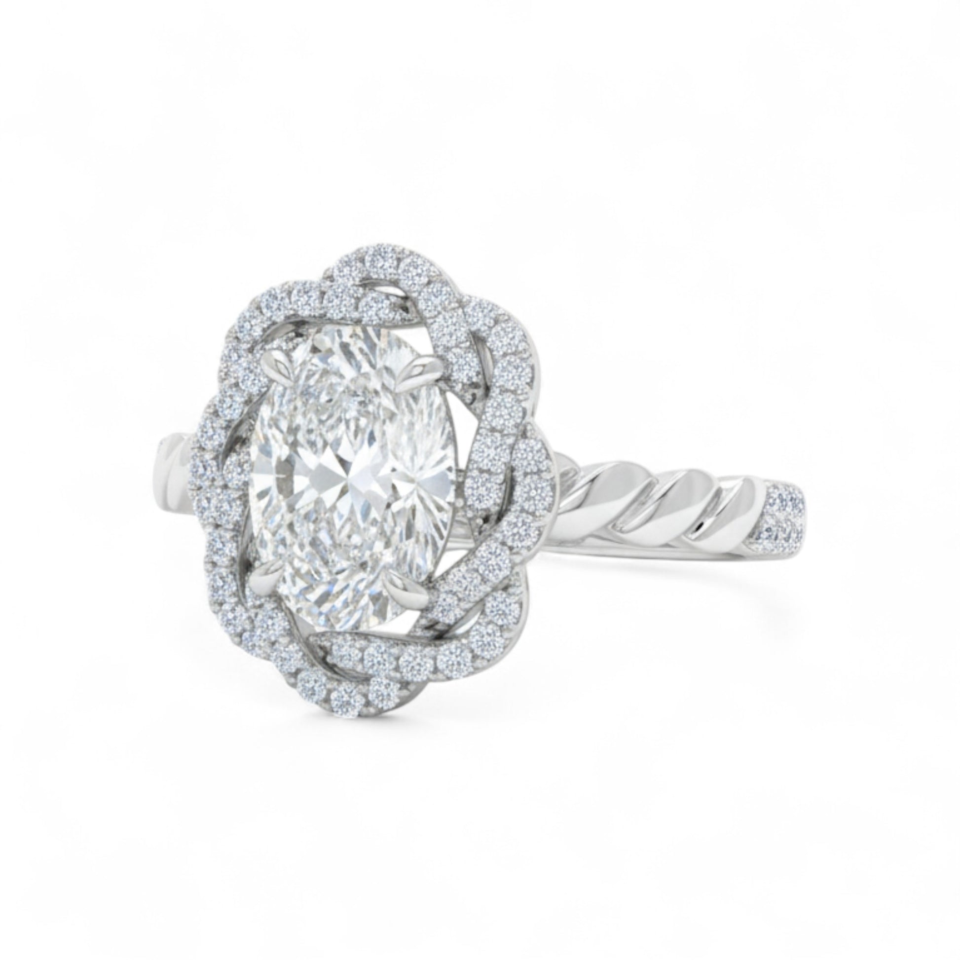 Silver ring with a large central gemstone and smaller stones on a white background