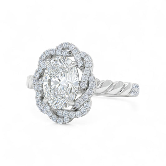 Silver ring with a large central gemstone and smaller stones on a white background