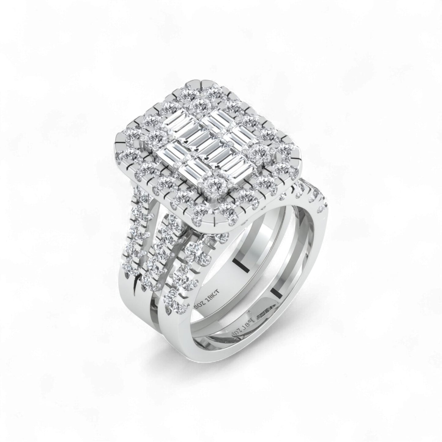 Diamond ring with a white gold band on a white background