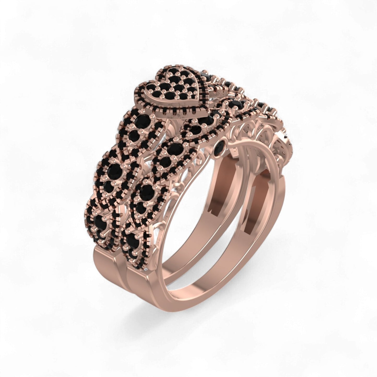 Ruby Heart Cut Black Diamond Cluster Engagement Ring in 18K Gold