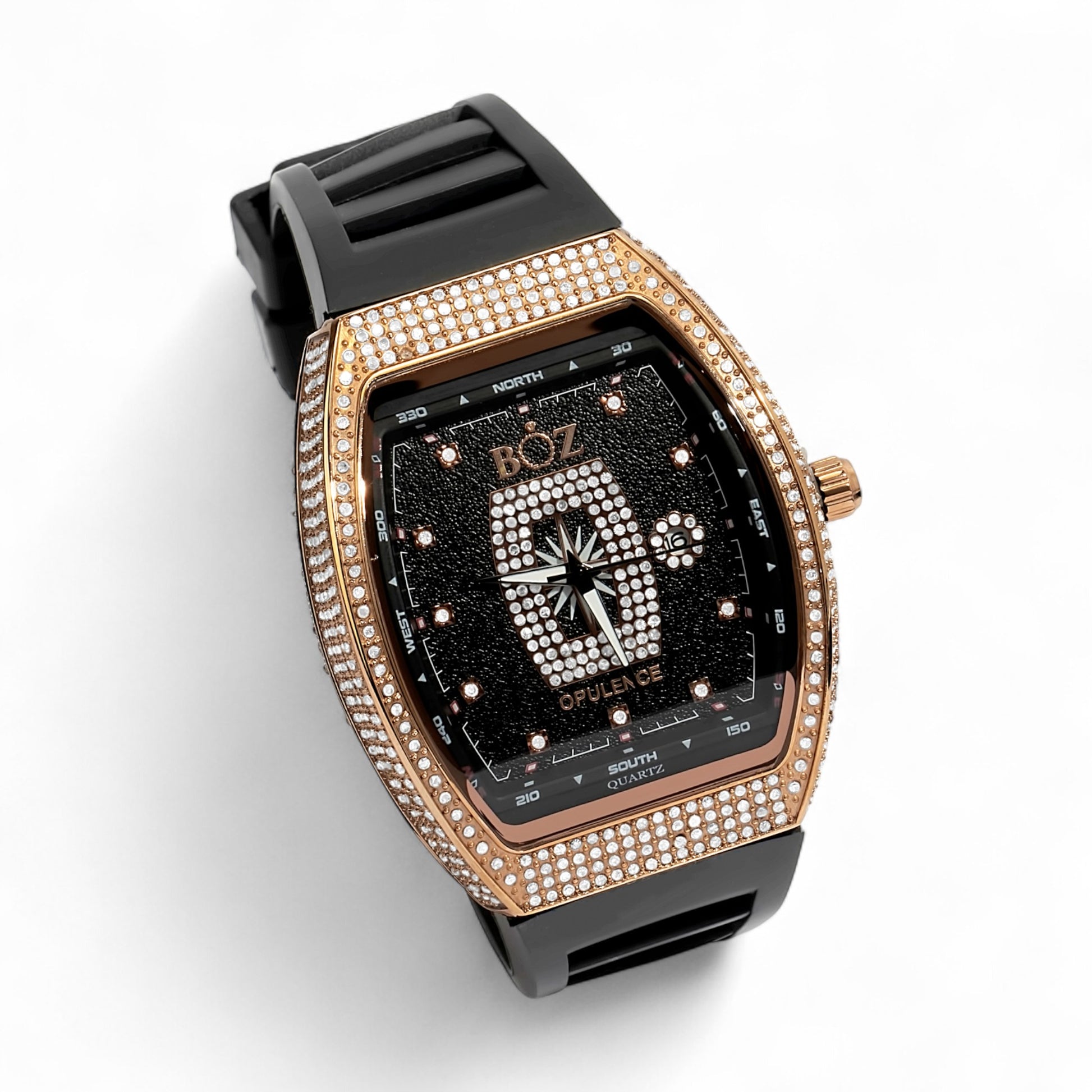 Luxury watch with rose gold case and black strap on a white background