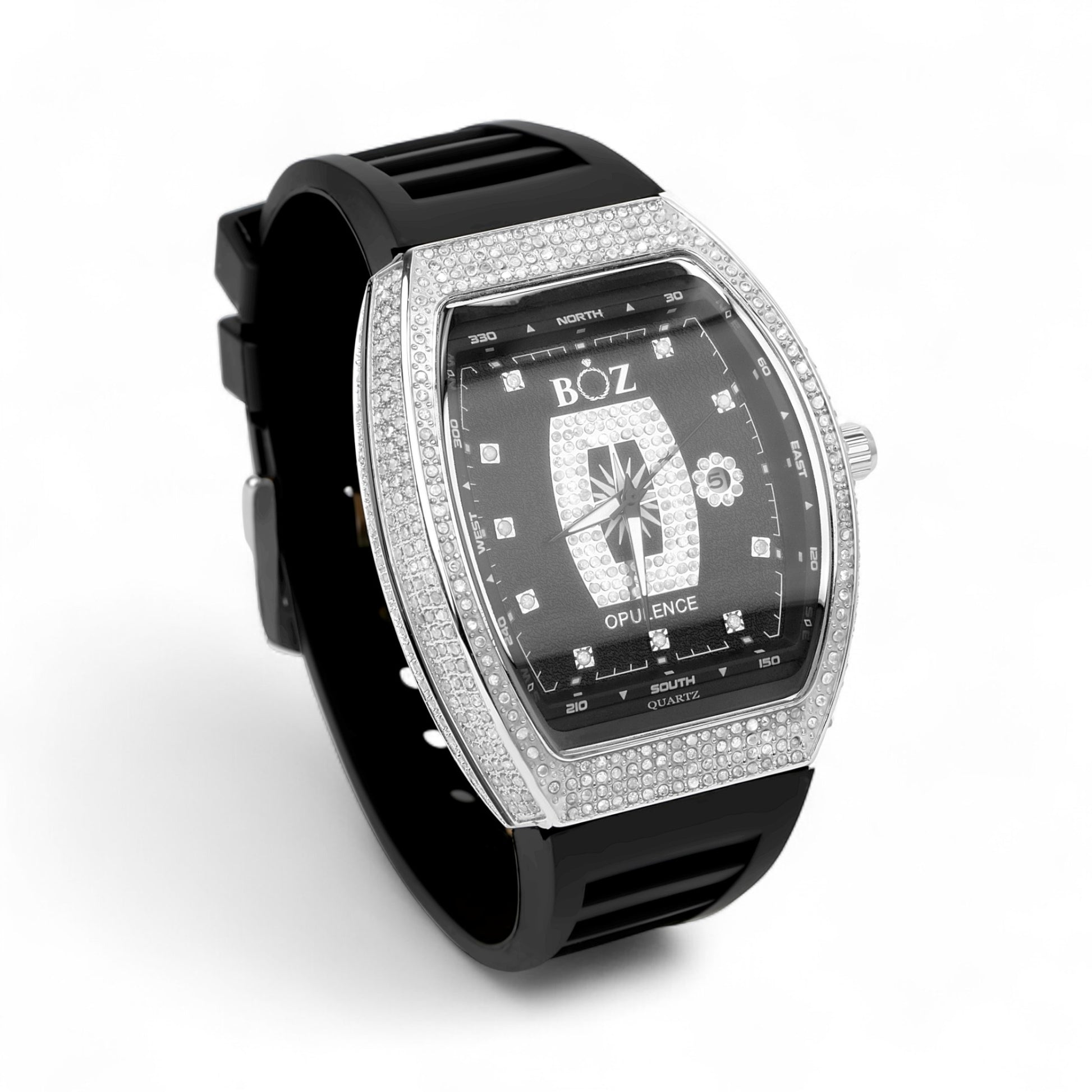 Black watch with diamond-encrusted face on a white background
