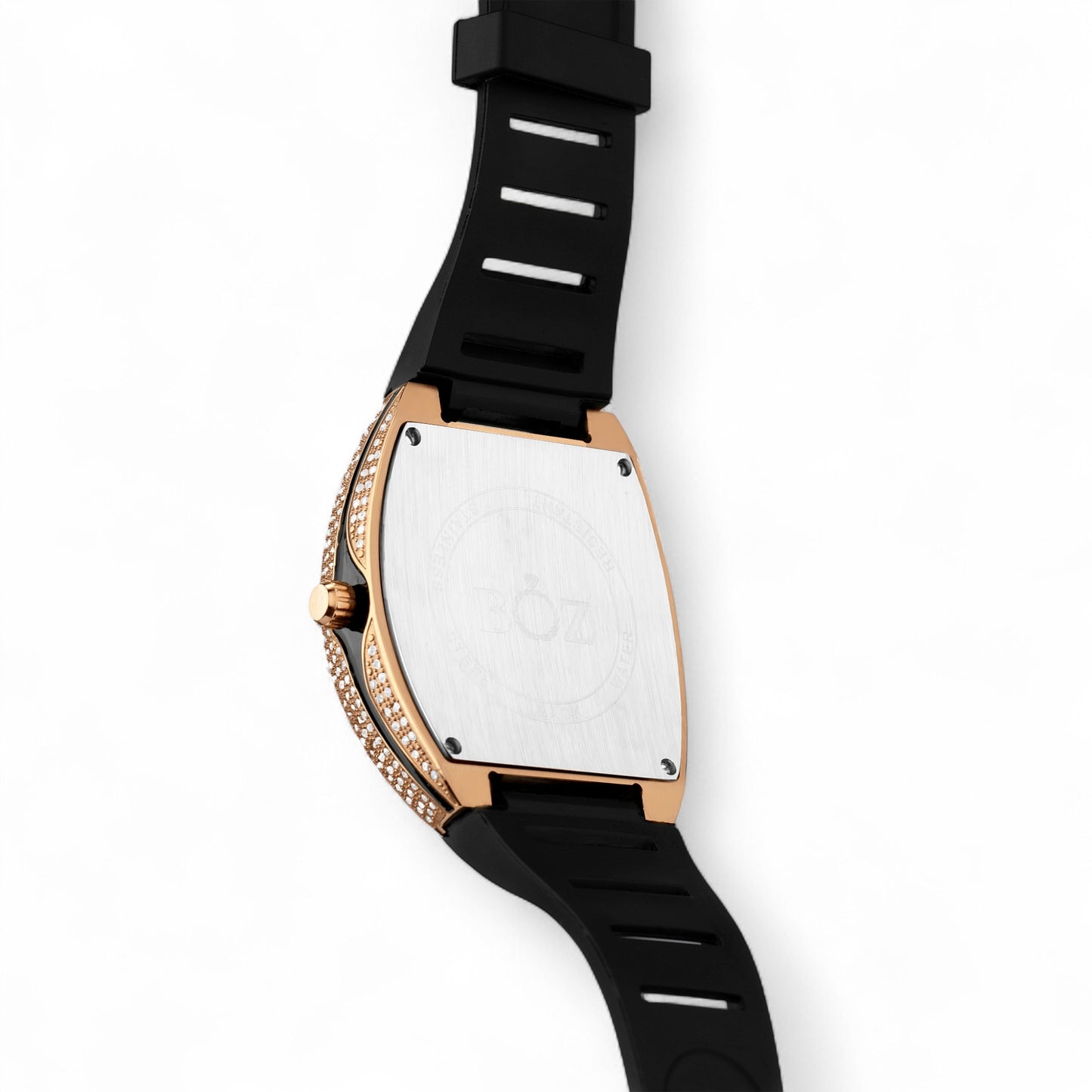 Watch with black strap and rose gold case on a white background
