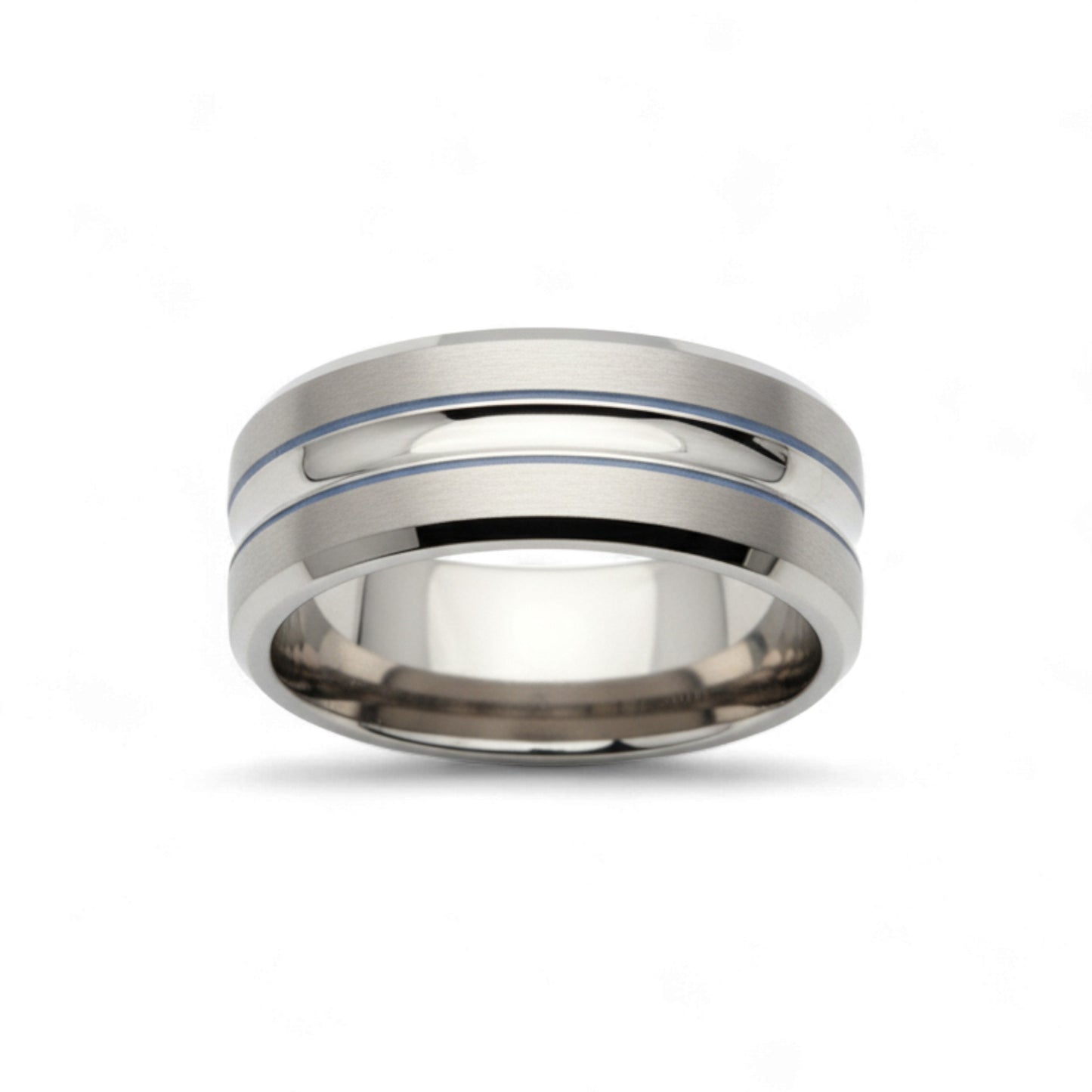 Silver ring with a blue stripe on a white background