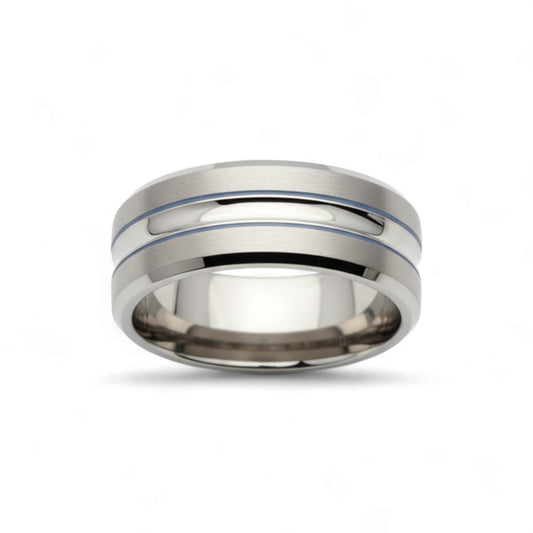 Silver ring with a blue stripe on a white background