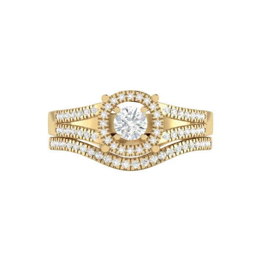 Gold ring with a central diamond and smaller diamonds on a white background