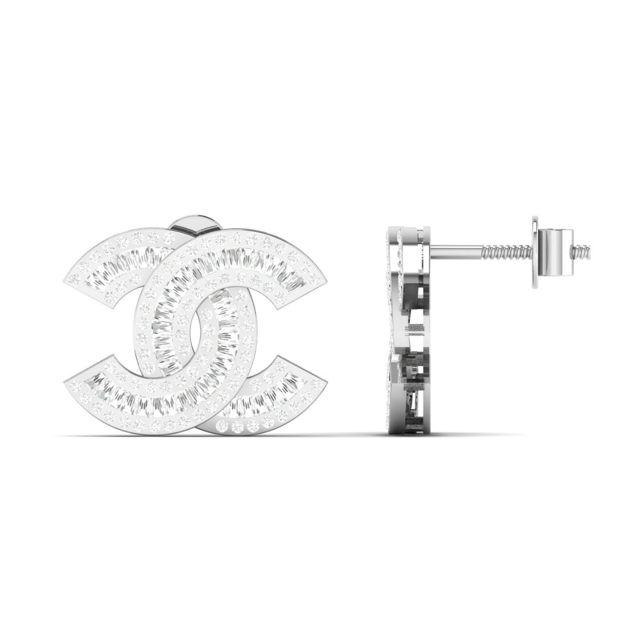 A pair of interlocked C-shaped diamond mini stud earrings in 18K gold.